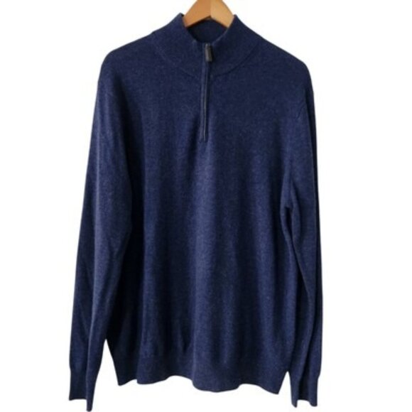 TAHARI Pure Lux 100% Cashmere Navy Blue 1/4 Zip Sweater Men's Size L Preppy - Picture 1 of 8